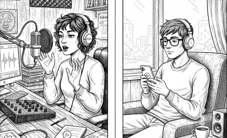 Ilustrasi seseorang yang sedang podcast dan mendengarkan podcast. (balihotnews/ai)
