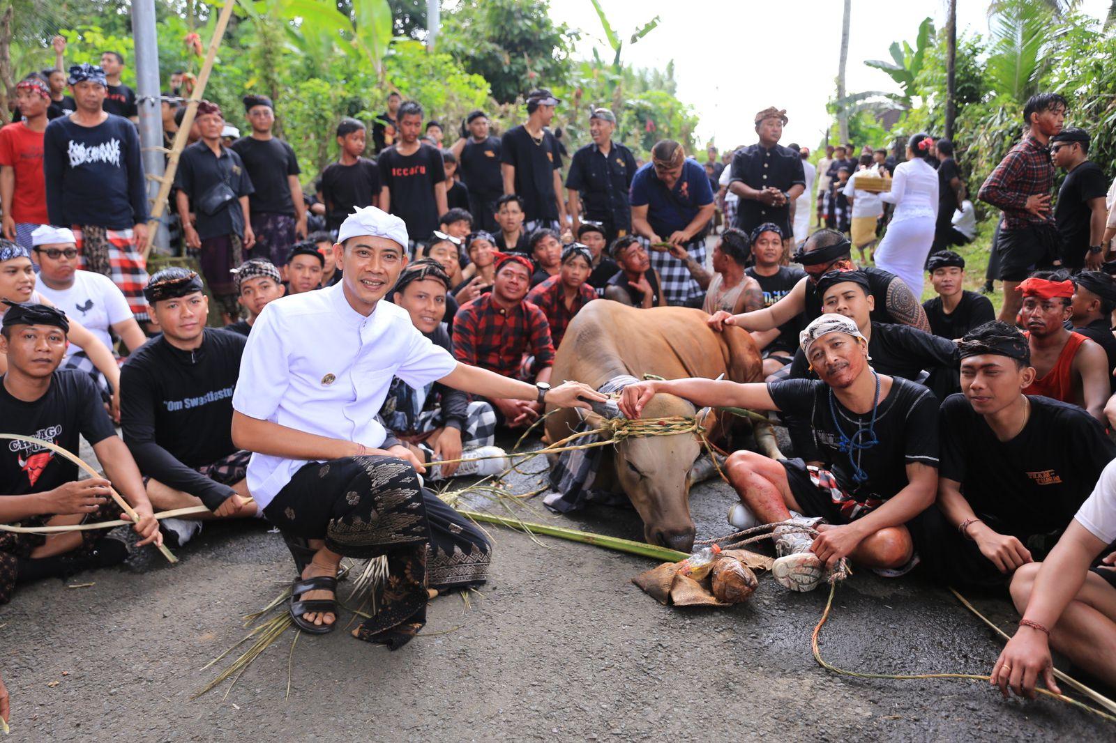 Wakil Bupati Surya saat menghadiri tradisi Mecaru Mejaga-Jaga oleh warga desa Adat Besang Kawan Tohjiwa, Semarapura, Klungkung, Jumat (22/8/2025). (balihotnews/ist)