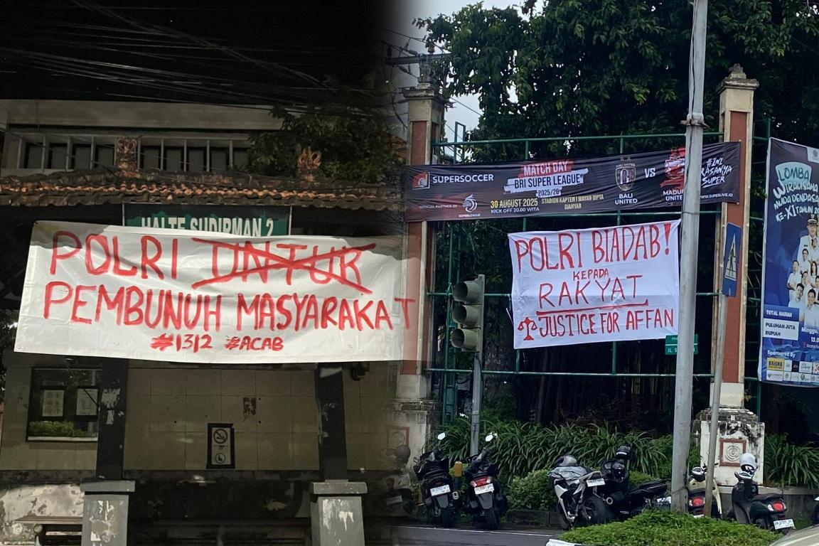 Sejumlah spanduk bernada sarkas bertebaran di berbagai titik strategis Kota Denpasar, Bali, sejak pagi ini, Jumat, (29/8/2025). (Balihotnews/ian).