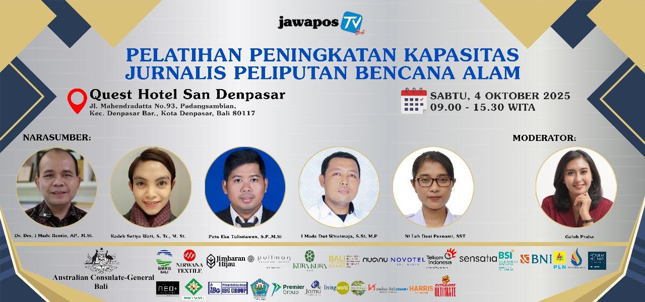 Jawa Pos TV Bali bekerja sama dengan BMKG Wilayah III Denpasar menyelenggarakan Pelatihan Peningkatan Kapasitas Jurnalis Peliputan Bencana Alam, yang digelar pada Minggu (4/10/2025) di Denpasar. (balihotnews/istimewa)