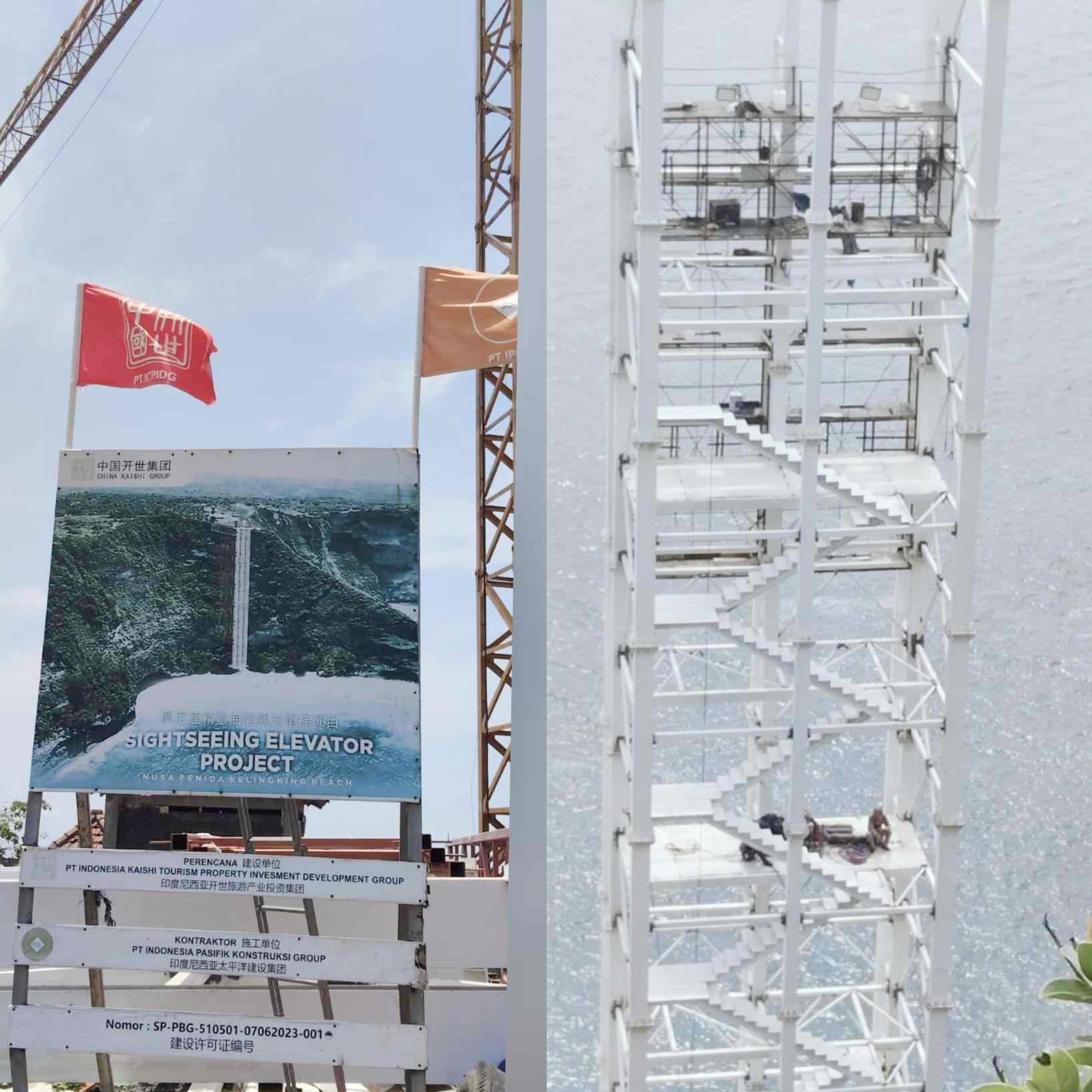 Proyek lift kaca setinggi 182 meter tampak menjulang di tebing ikonik Pantai Kelingking, Nusa Penida, Klungkung. Pembangunan yang melibatkan investor asal China ini menuai sorotan karena berdiri di kawasan wisata yang dikenal curam dan sensitif secara lingkungan. (Balihotnews/Ist)