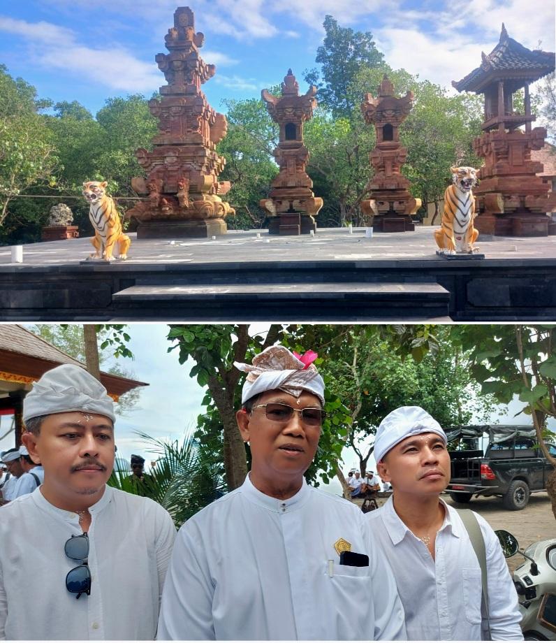 Pura Segara Giri Wisesa (foto atas-red). Bendesa Adat Sidakarya Ketut Suka (tengah) diapit Anggota DPRD Denpasar Wayan Suadi Putra serta I Made 'Ariel' Suardana usai upacara pemelaspasan, Senin (16/2/2026). (Balihotnews/red).