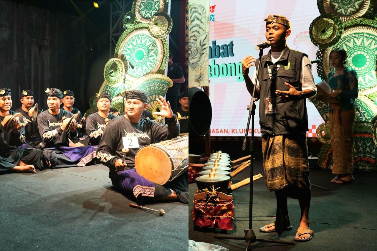 Kolase foto: Suasana lomba baleganjur di Banjar Sangging, Desa Kamasan, Kabupaten Klungkung, Sabtu (7/3/2026). Kanan: Gede Narayana Putra Mahardhika yang mendukung kegiatan pelestarian seni tradisi tersebut. (Balihotnews/Istimewa).
