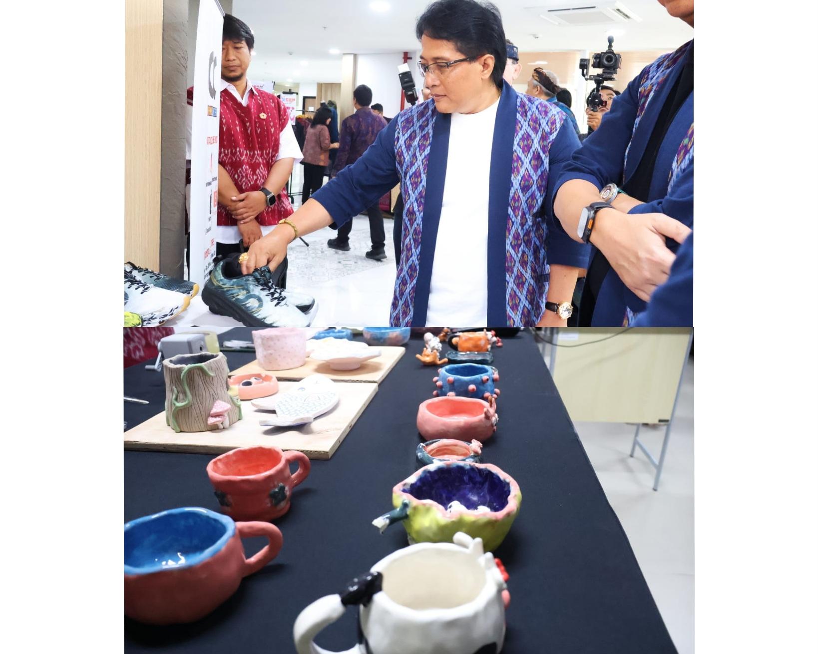 Wakil Gubernur Bali I Nyoman Giri Prasta melihat pameran sepatu dan keramik hasil karya UMKM lokal di Balai Pemberdayaan Industri Fesyen dan Kriya (BPIFK), Kuta, Badung, Jumat (8/5/2026). (Balihotnews/red)