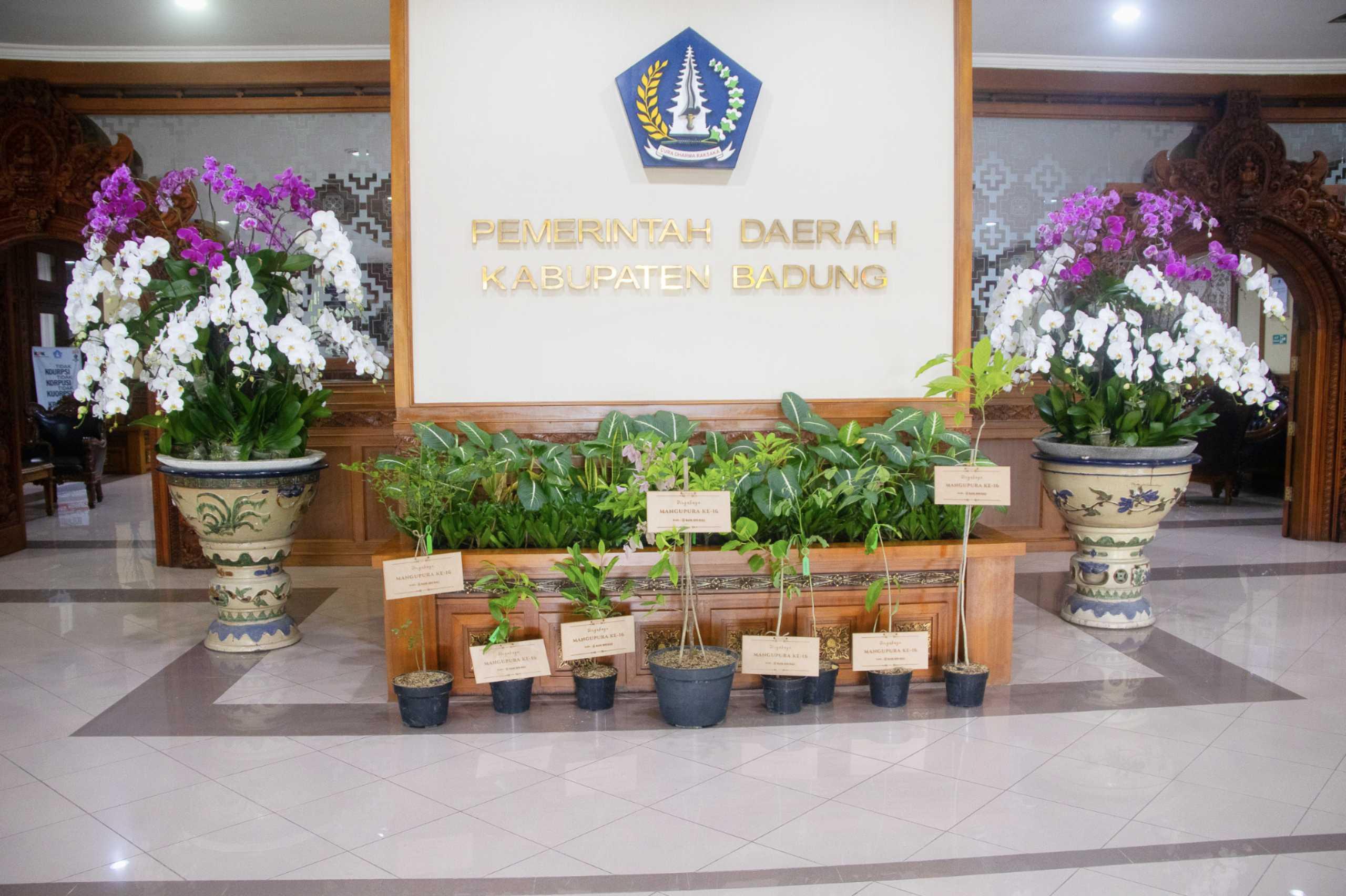 Bibit pohon dari BPD Bali Cabang Mangupura kepada Bupati Badung I Wayan Adi Arnawa di Lobi Kantor Bupati, Puspem Badung, Jumat (14/11/2025). (Balihotnews/Ist)