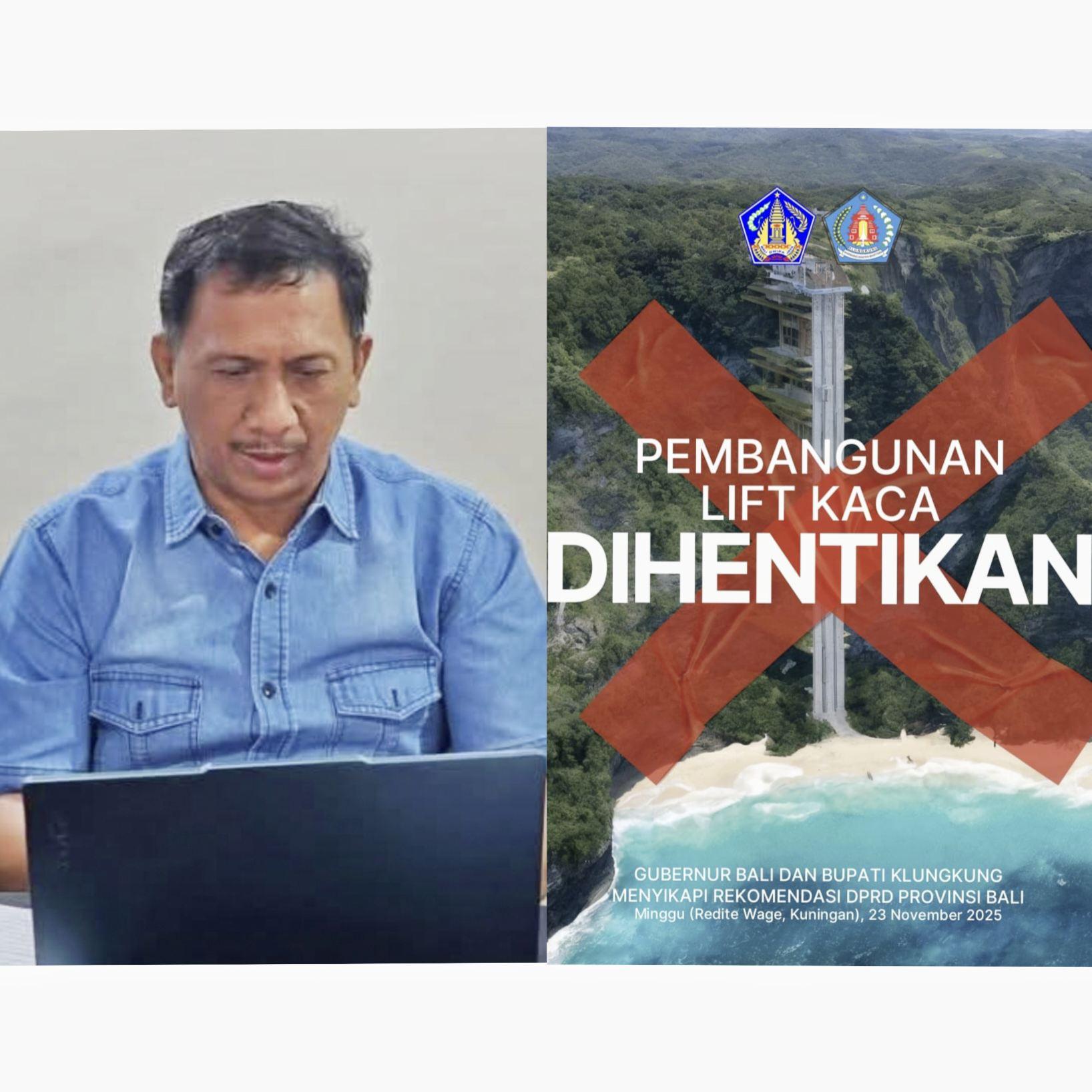 Kolase foto: Gede Pasek Suardika (kiri) dan gambar flyer penghentian proyek lift kaca Pantai Kelingking di Nusa Penida, Klungkung (kanan). (Balihotnews/Ist).