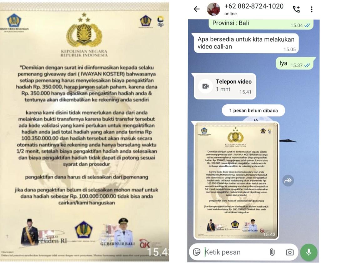 Kolase foto tangkapan layar percakapan via whatsapp terkait penipuan berhadiah ratusan juta catut nama Gubernur Bali. (Balihotnews/Istimewa).