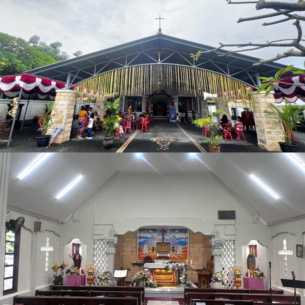 Ket Foto: Tampak depan dan suasana di dalam Gereja Katolik Stasi Santa Maria Guadalupe Sading, Kecamatan Mengwi, Badung, saat perayaan 70 tahun berdirinya gereja tersebut, Minggu (14/12/2025). (Balihotnews/tim)
