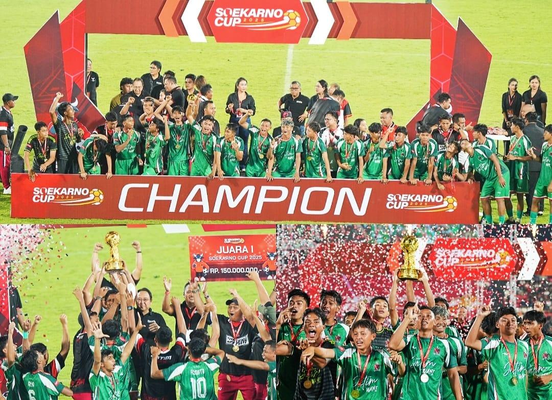 Banteng Jawa Timur (Jatim) menjuarai Liga Kampung Soekarno Cup 2025 setelah taklukkan Banteng Bali pada laga final di Stadion Dipta Gianyar, Sabtu malam (13/12/2025). (balihotnews/istimewa)