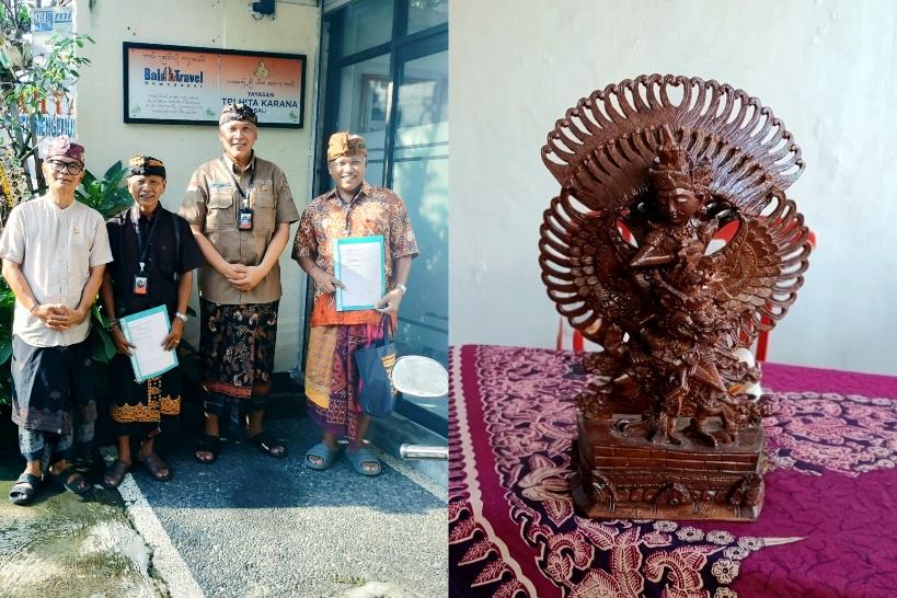 Asesor THK Tourism Awards (kiri) dan patung Garuda karya I Gusti Nyoman Jelantik (kanan) yang akan dipamerkan di Discovery Kartika Plaza Hotel, Jumat (9/1/2026). Penganugerahan ini memadukan apresiasi pariwisata dengan promosi karya seniman lokal Desa Punggul. (Balihotnews/Ist).