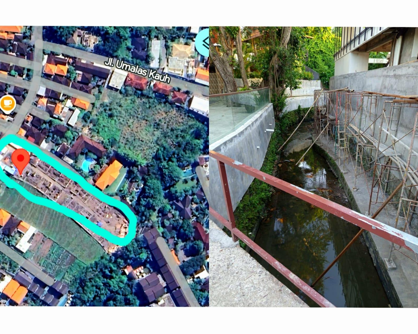 Kolase dugaan pelanggaran sempadan sungai di Umalas Tunon, Kuta Utara, Badung. Tampak lokasi proyek dari citra satelit Google Maps (kiri) dan kondisi fisik pembangunan yang diduga mencaplok sempadan sungai (kanan) (Balihotnews/Istimewa).