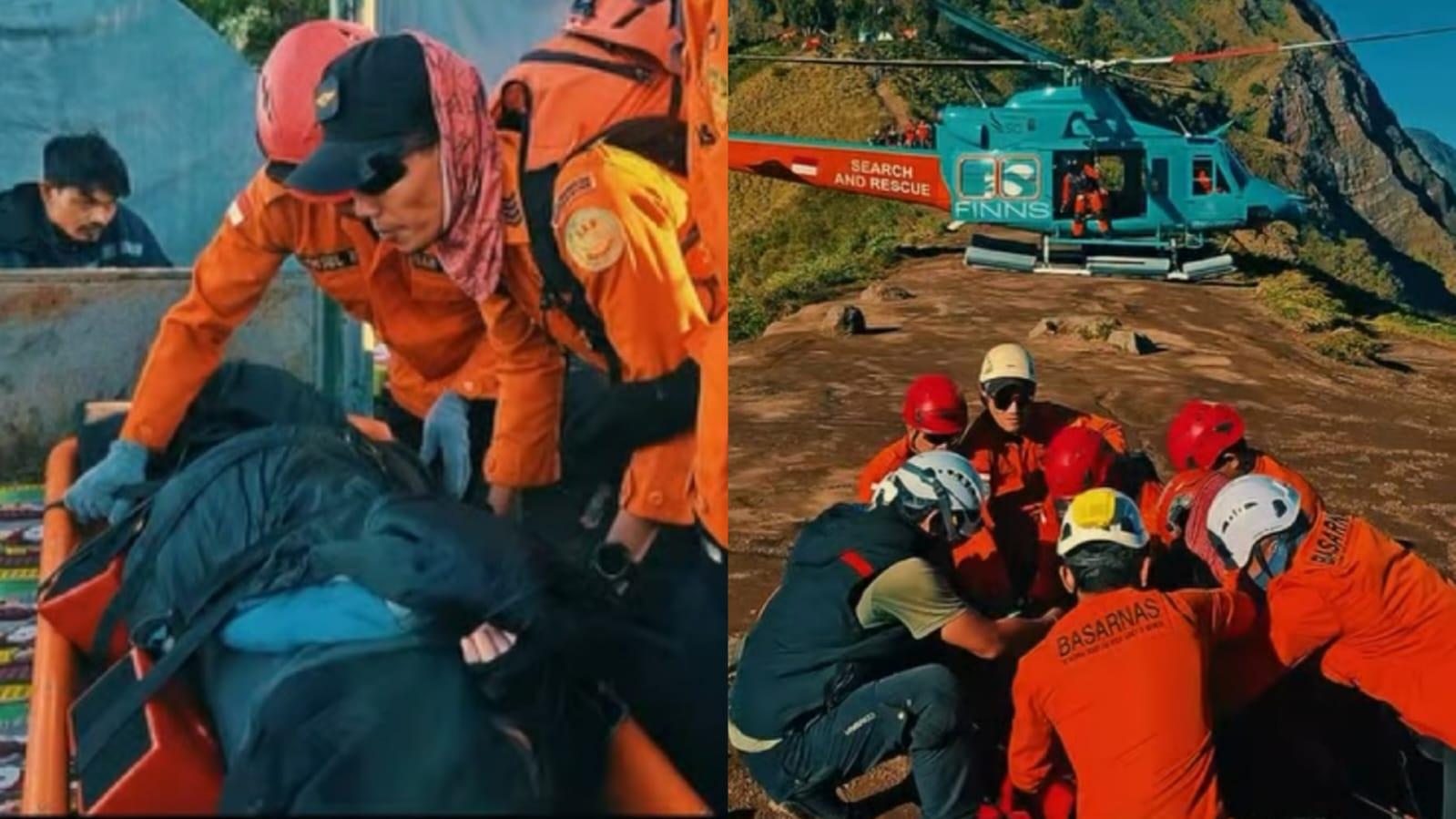 Proses evakuasi udara pendaki asal Malaysia yang mengalami cedera di Gunung Rinjani, Selasa (26/5/2026) pagi. Korban langsung diterbangkan menggunakan helikopter menuju rumah sakit di Bali. (Balihotnews/pos_sarkayangan)