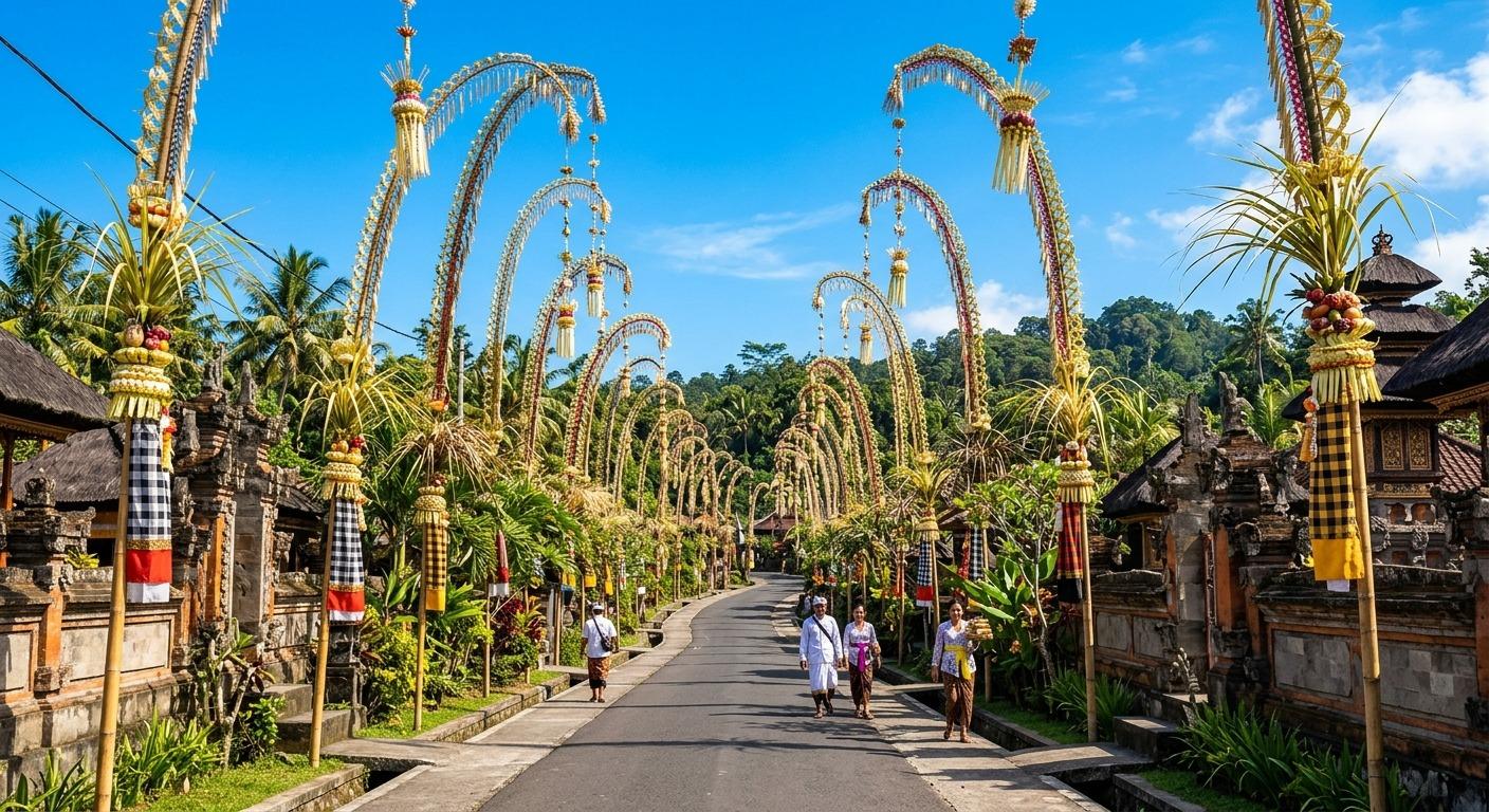 Ket foto: Umat Hindu di Bali merayakan Hari Raya Galungan dengan deretan penjor menjulang tinggi menghiasi sepanjang jalan desa, menyambut kedatangan hari kemenangan Dharma melawan Adharma. (Balihotnews/ilustrasi)