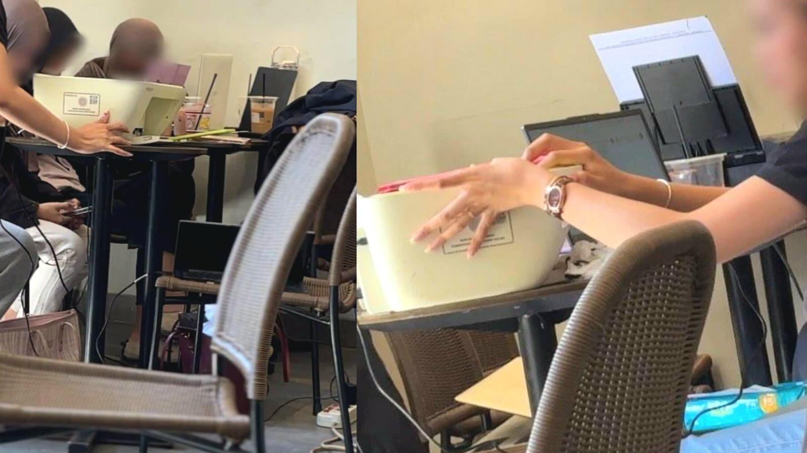 Aksi kelakuan mahasiswa yang membawa printer dan menguasai meja coffee shop di kawasan Renon, Denpasar, hingga menuai hujatan netizen. (Foto: Threads/@aall.ffi)