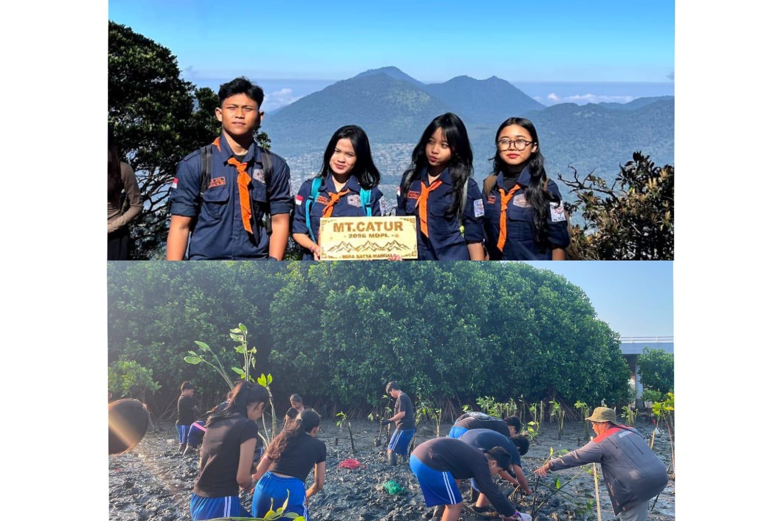Kolase foto aksi Sispala SMAN 1 Kuta dalam upaya 'Nyegara Gunung' menyambut HUT ke-81 RI. Atas: Giat pendakian di Gunung Catur. Bawah: Penanaman 100 bibit mangrove bersama Nelayan Wana Sari di Tuban, Badung. (Balihotnews/red)