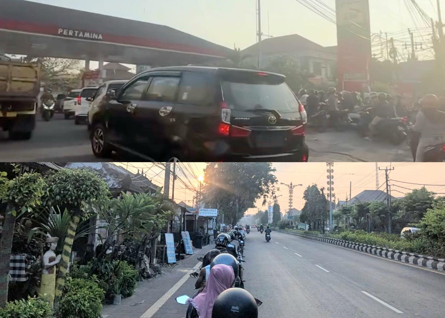 Kolase foto: (Atas) Imbas kelangkaan BBM, antrean mobil meluber hingga ke bahu jalan di SPBU Teuku Umar Barat, Denpasar, Selasa (13/10/2026) pagi. (Bawah) Pemandangan serupa terjadi di SPBU Pesanggaran, Denpasar, dengan antrean sepeda motor yang mengular hingga 1,5 kilometer. (Balihotnews/red)